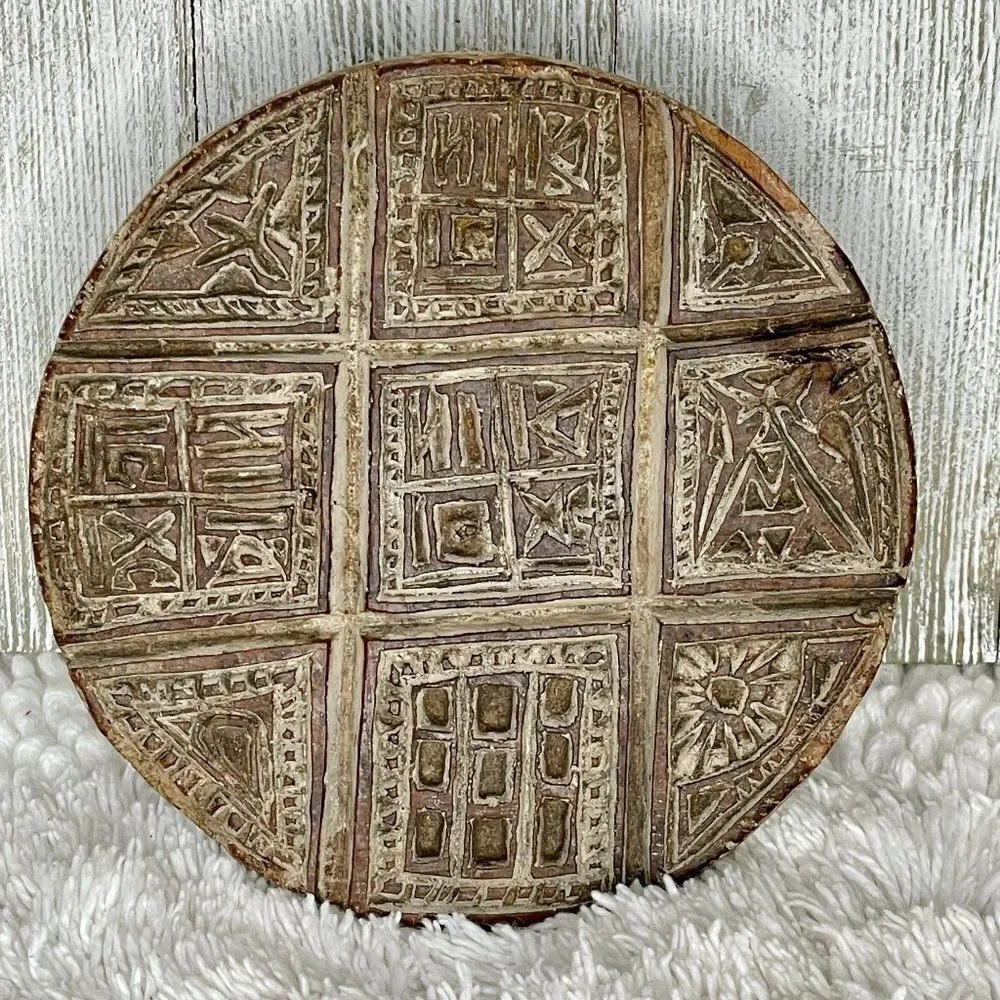 Antique Primitive Hand Carved Wood Bread Stamp Prosphora Seal